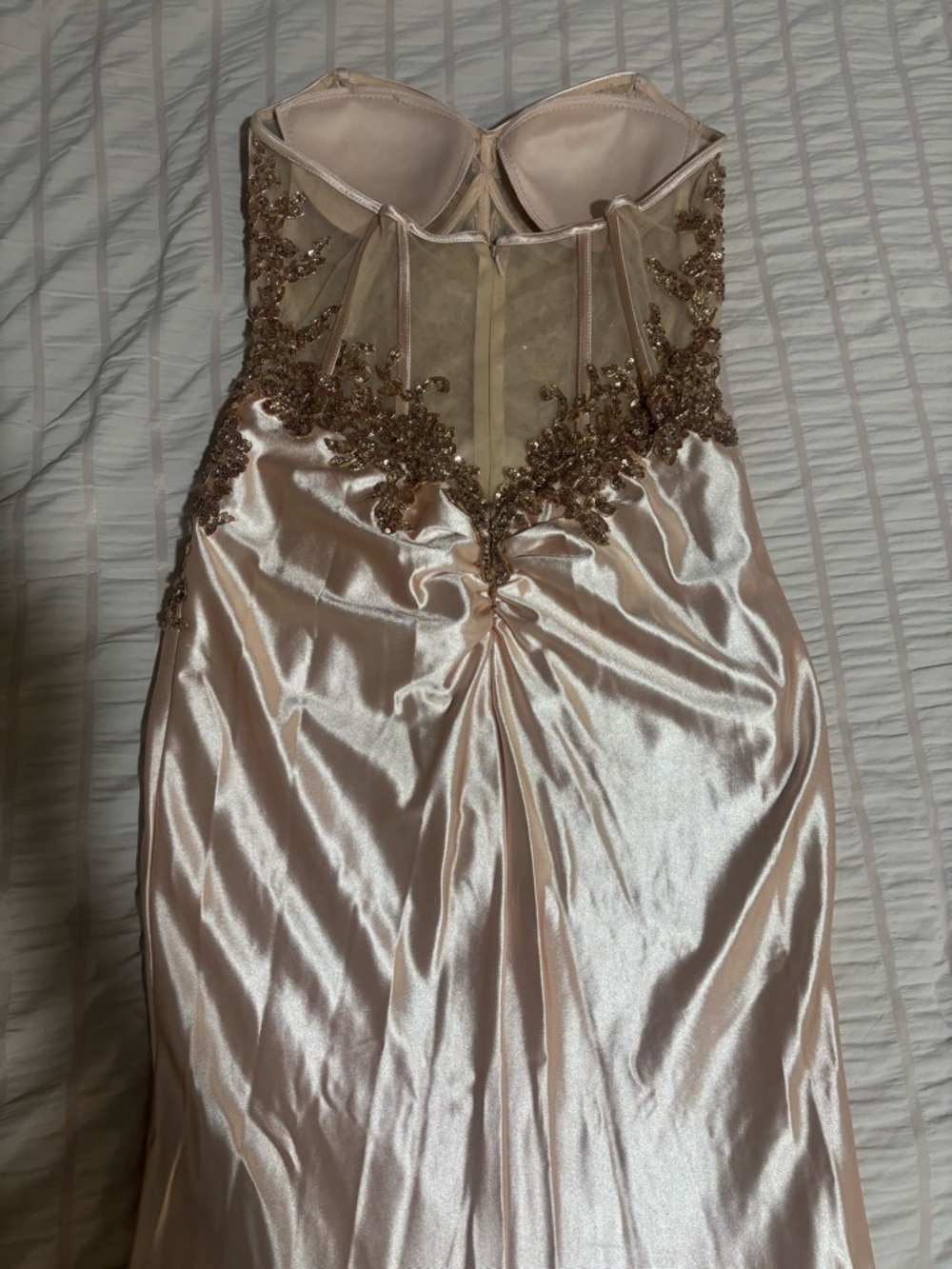 Cinderella Strapless Satin Gown in Blush Gold Embroidery